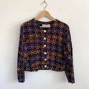 Vintage Wind River Trading Co. Sun Pattern Button-Up Blouse Black Rayon Tie-Dye